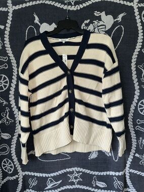 Madewell Cream & Navy Striped V-Neck Button Cardigan